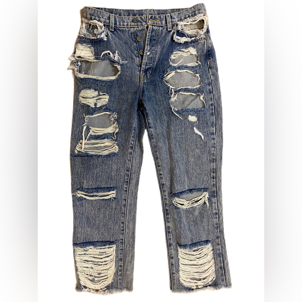 CARMAR ripped, straight leg jeans.
